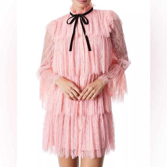Alice + Olivia Joanie Pink Lace Tiered Ruffle Button Down Mini Dress size0